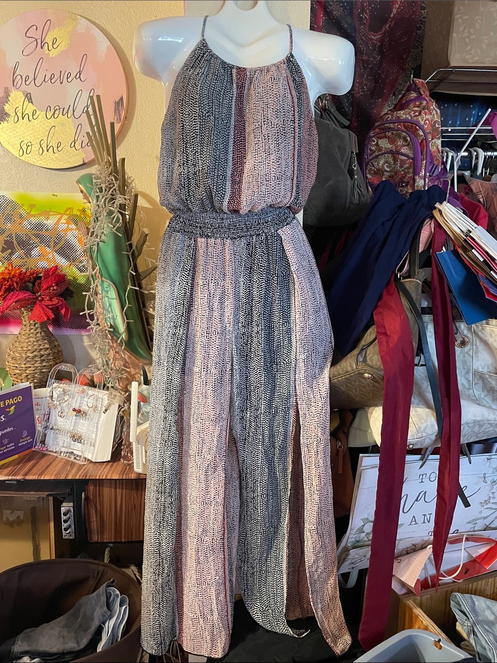 Sweet Storm Pink, Blue & Cream Striped Halter Jumpsuit